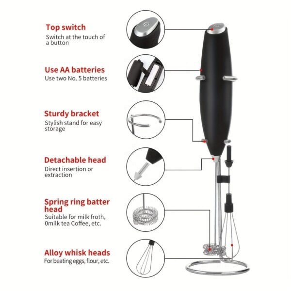 Compact 2-in-1 Handheld Milk Frother & Egg Whisk – Portable Battery-Powered Mini Blender with Stainless Steel Stand for Coffee